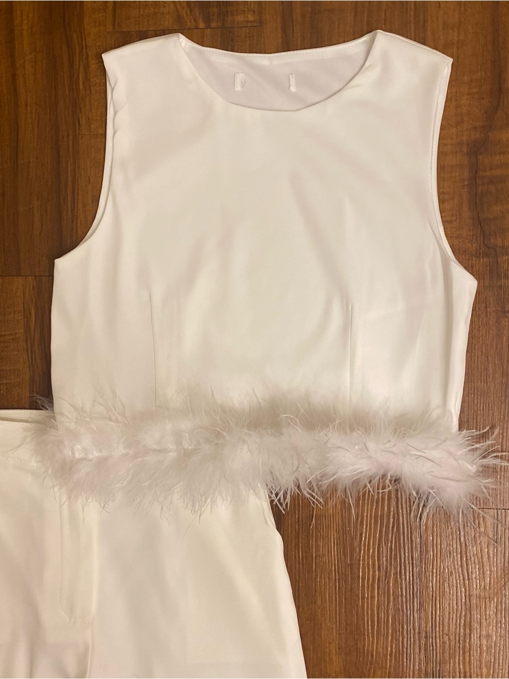 White Feather Trim Two-Piece Set - Crop Top & Flared Pants - Picture 2 of 6